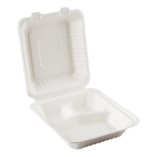 Eco-Packaging | Compostable 3 Compartment Sugarcane Clamshell, White (200-pack)