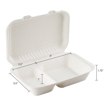 Eco Guardian | Compostable 2 Compartment Clamshell, 9" x 6" x 3", Sugarcane (200-pack)