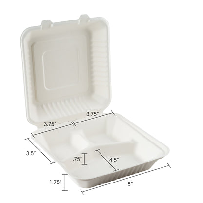 Eco Guardian | Compostable 3 Compartment Clamshell, 8" x 8" x 3", Sugarcane (200-pack)