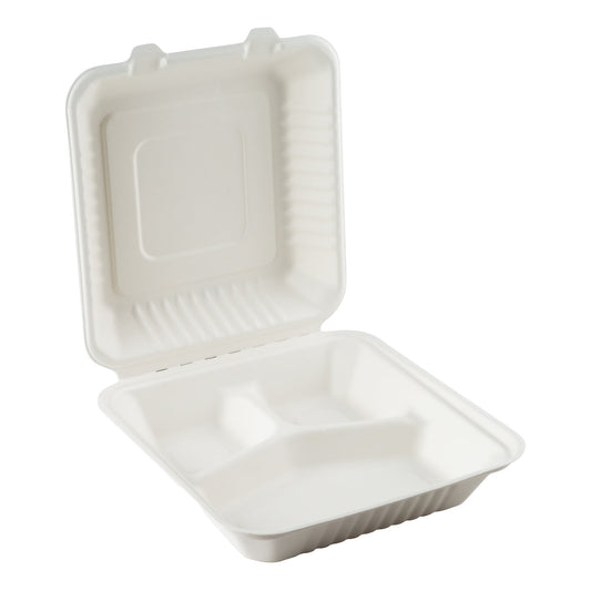 Eco Guardian | Compostable 3 Compartment Clamshell, 9" x 9" x 3", Sugarcane (200-pack)