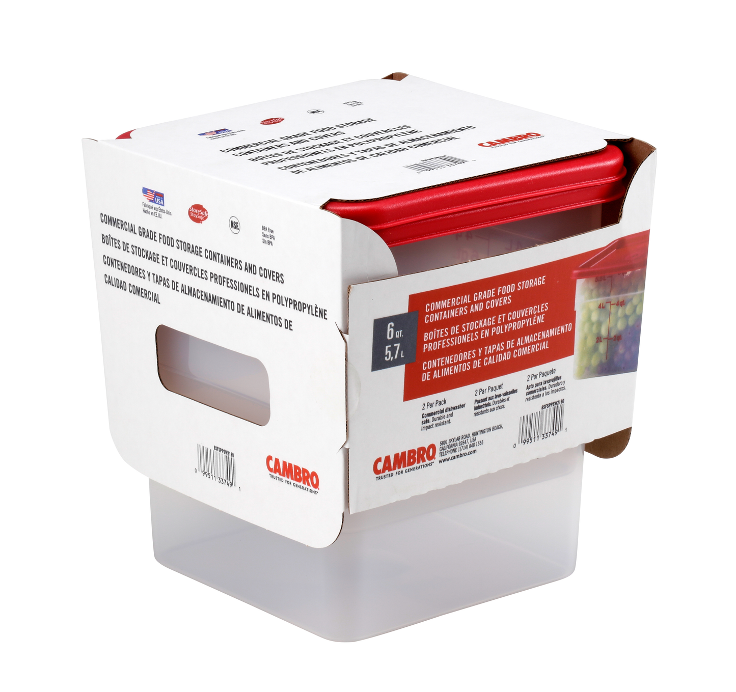 Cambro CamSquare Food Storage Container and Lid Set, 6 qt, Translucent (2-pack) - 6SFSPPSW2190