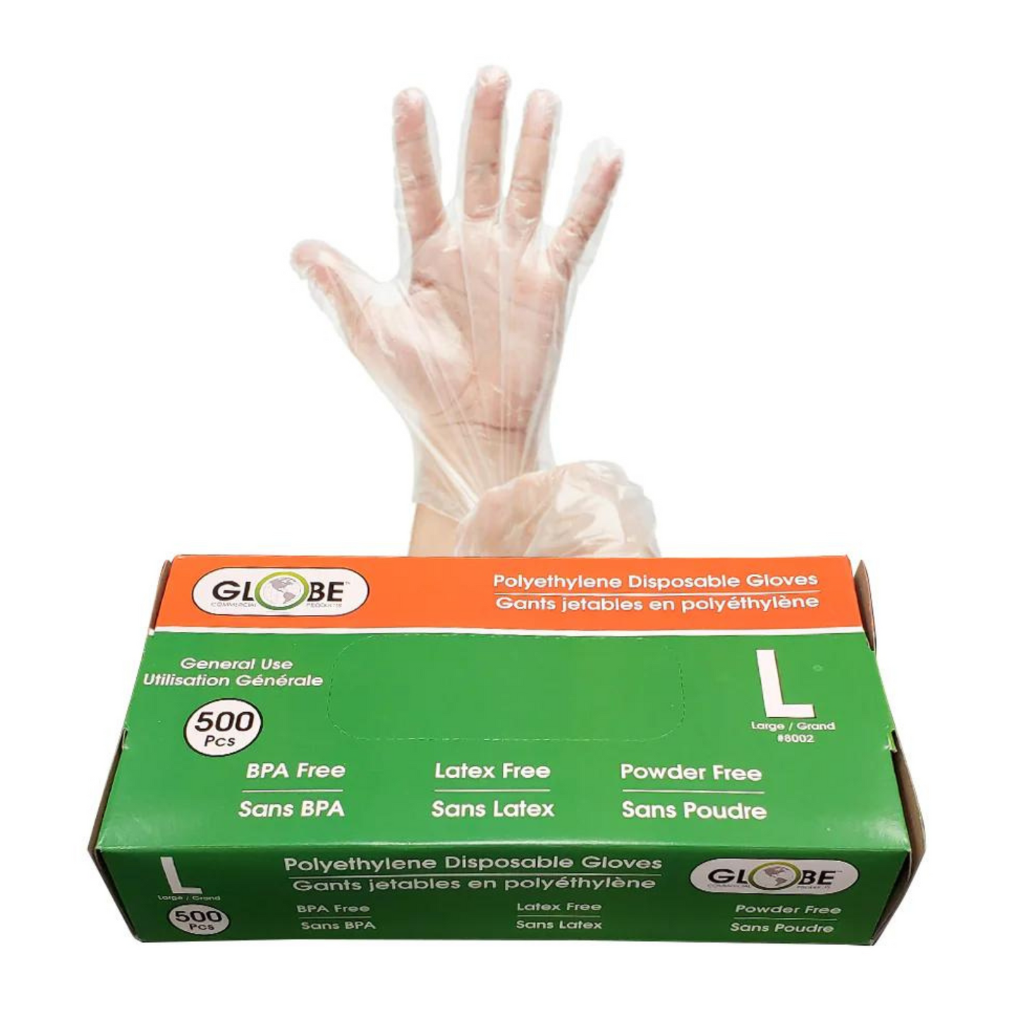 Globe | Polyethylene Gloves, Powder-Free, Large, Clear (500-pack)