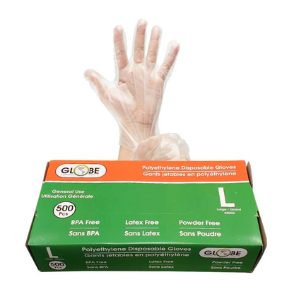 Globe | Polyethylene Gloves, Powder-Free, Large, Clear (500-pack)