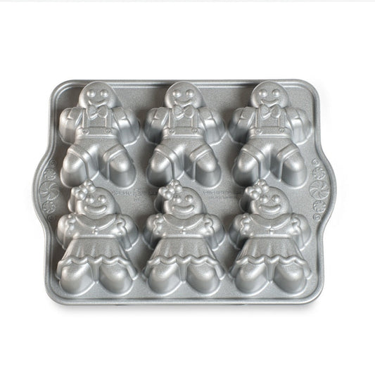 Nordic Ware | Gingerbread Kids Cakelet Pan, 6 Cavities, Cast Aluminum, Sparkling Silver Finish