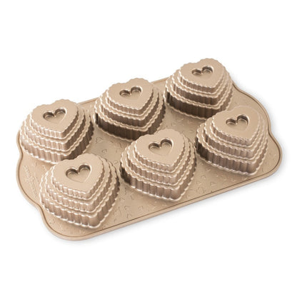 Nordic Ware | Tiered Heart Bundlette Pan, 6 Cavities, Cast Aluminum Toffee Finish