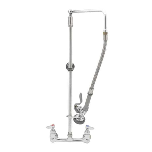 T&S | 8" Wall Mount Pre-Rinse Faucet, 20" Flexible Hose on Overhead Swivel Arm, Lever Handles