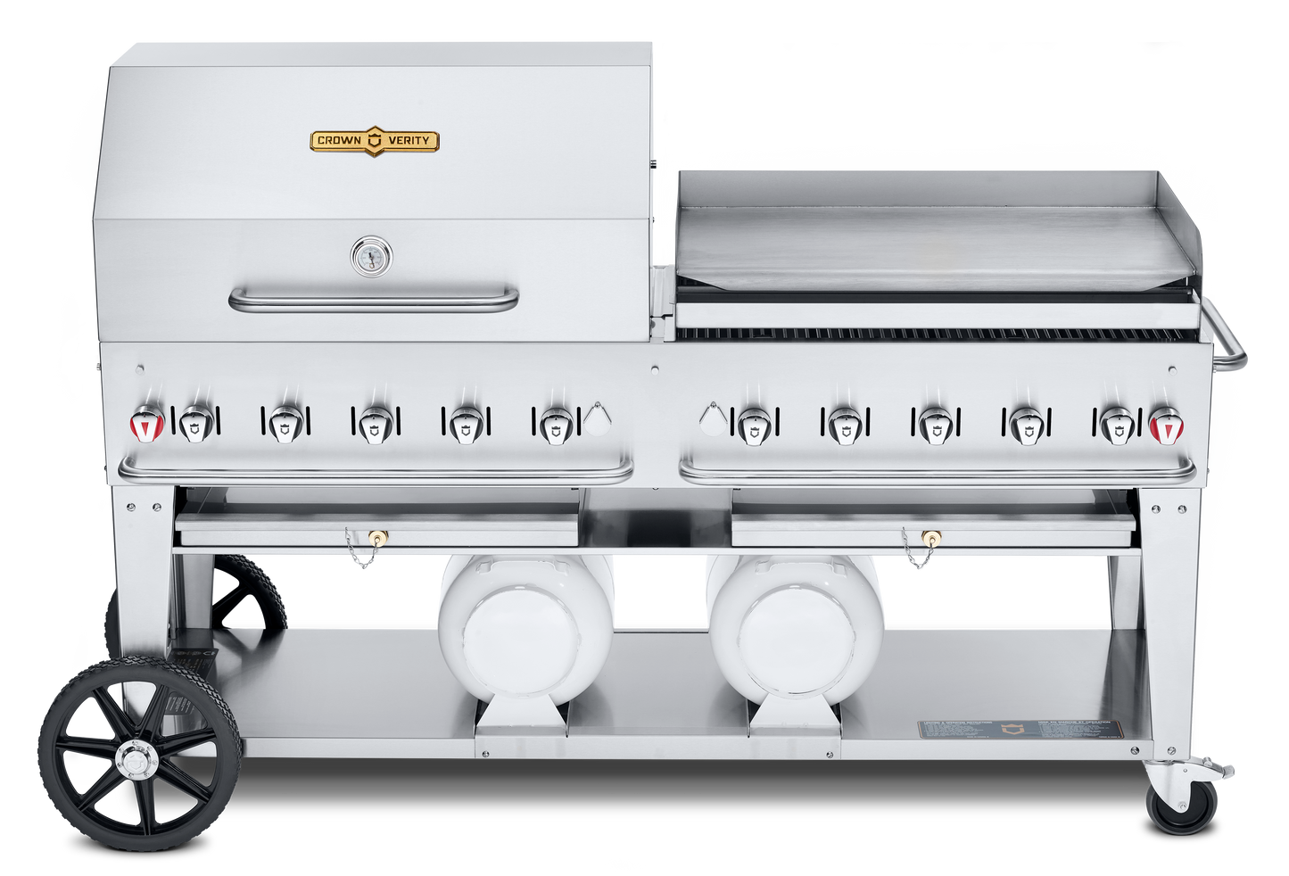 Crown Verity Club Series 72" Grill, Horizontal Tanks, 36" Roll Dome & Bun Rack, 36" Griddle, Propane - CV-CCB-72RGP