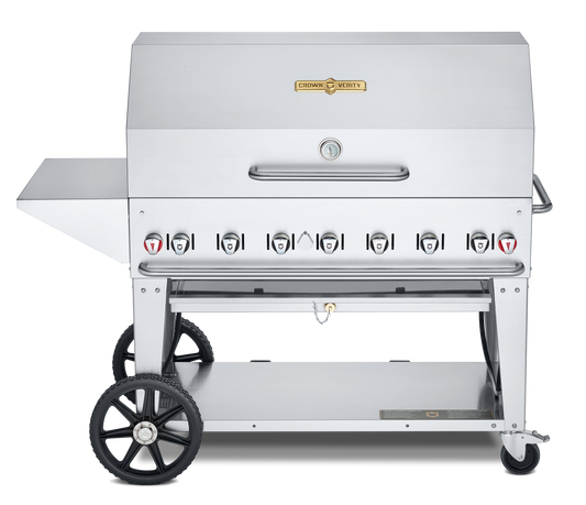 Crown Verity Mobile 48" Gas Grill with Roll Dome, Bun Rack, Removeable End Shelf & BBQ Cover, Propane/20 & 30 lb Tanks - CV-MCB-48PKG