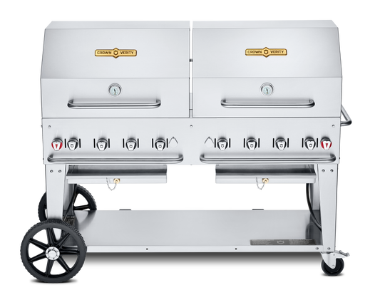 Crown Verity Mobile 60" Gas Grill with 2 x 30" Roll Domes & Bun Racks, Propane/20 & 30 lb Tanks - CV-MCB-60RDP-LP