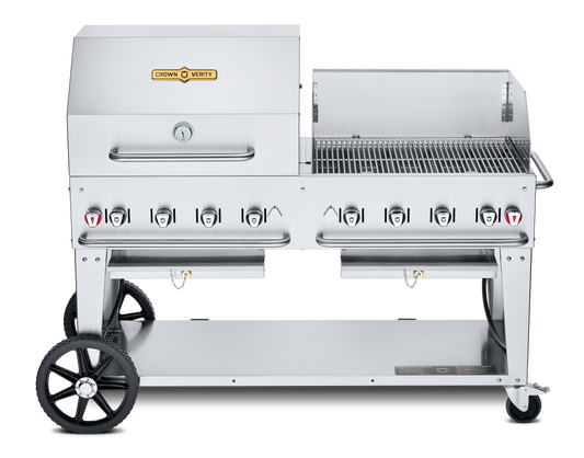 Crown Verity Mobile 60" Gas Grill with 30" Roll Dome & Bun Rack and 30" Windguard, Propane/20 & 30 lb Tanks - CV-MCB-60RWP-LP