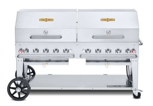 Crown Verity Mobile 72" Gas Grill with 2 x 36" Roll Domes & Bun Racks, Propane/20 & 30 lb Tanks - CV-MCB-72RDP-LP