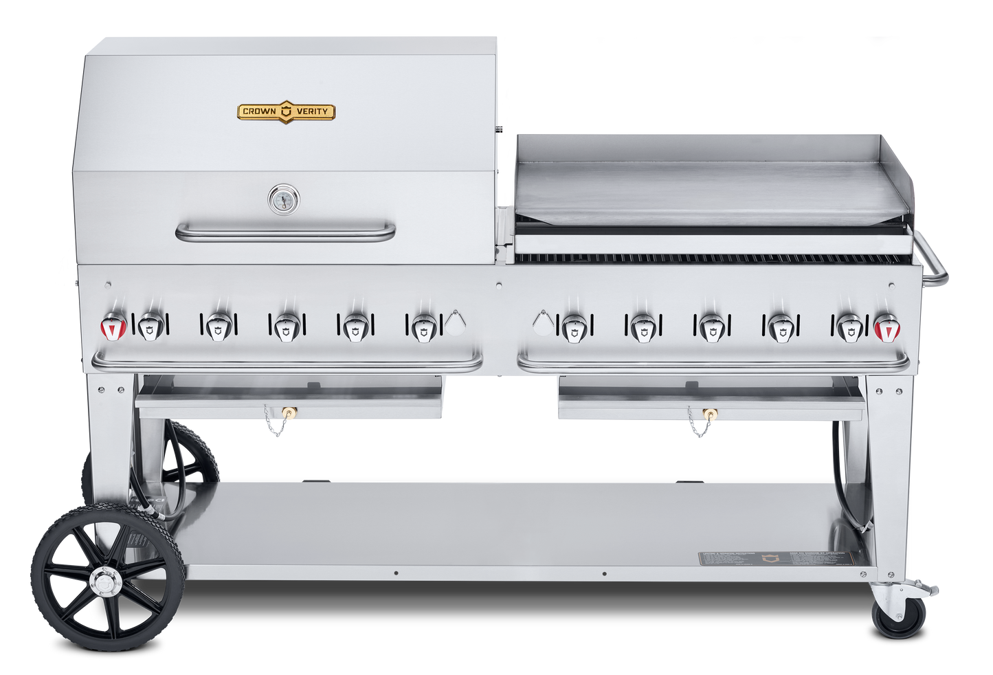 Crown Verity Mobile 72" Gas Grill with 36" Roll Dome & Bun Rack and 36" Griddle, Propane/Bulk - CV-MCB-72SI-BULK-RGP