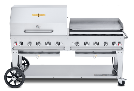 Crown Verity Mobile 72" Gas Grill with 36" Roll Dome & Bun Rack and 36" Griddle, Propane/50 & 100 lb Tanks - CV-MCB-72SI50/100RGP