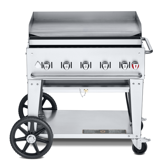 Crown Verity Mobile 36" Gas Griddle with Grease Tray and Backsplash, Stainless Steel, Natural Gas - CV-MG-36NG