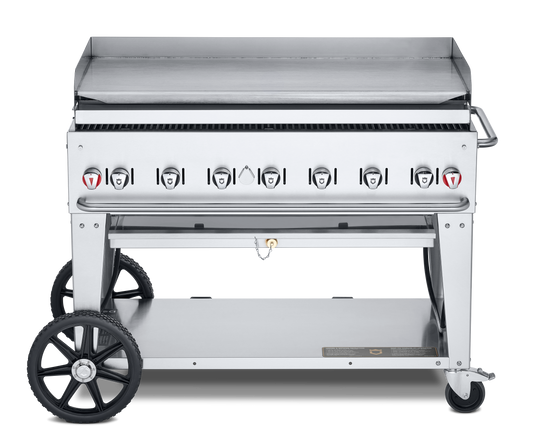 Crown Verity Mobile 48" Gas Griddle with Grease Tray and Backsplash, Stainless Steel, Natural Gas - CV-MG-48NG