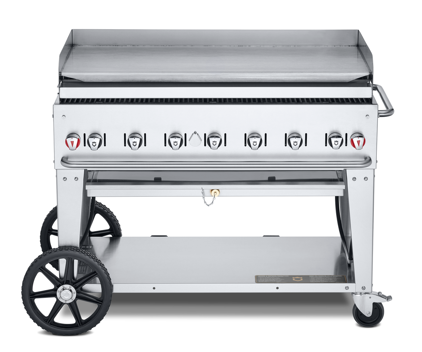Crown Verity Mobile 48" Gas Griddle with Grease Tray and Backsplash, Stainless Steel, Propane - CV-MG-48