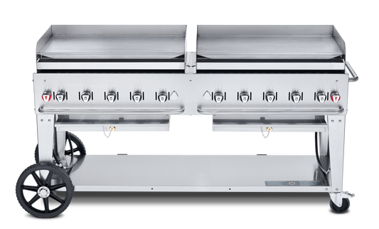 Crown Verity Mobile 72" Gas Griddle with 2 x 36" Griddles, Grease Trays and Backsplashes, Stainless Steel, Natural Gas - CV-MG-72NG