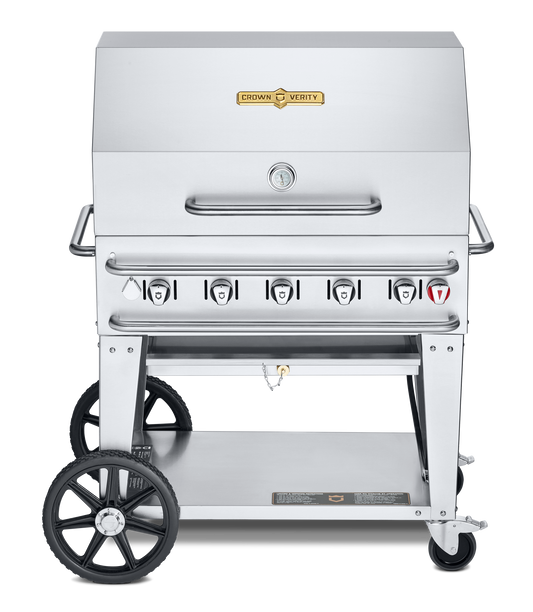 Crown Verity Pro Series Rental 36" Gas Grill with Crash Bars, Roll Dome and Bun Rack, Propane - CV-RCB-36RDP
