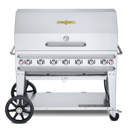 Crown Verity Pro Series Rental 48" Gas Grill with Crash Bars, Roll Dome and Bun Rack, Propane/20 & 30 lb Tanks - CV-RCB-48RDP