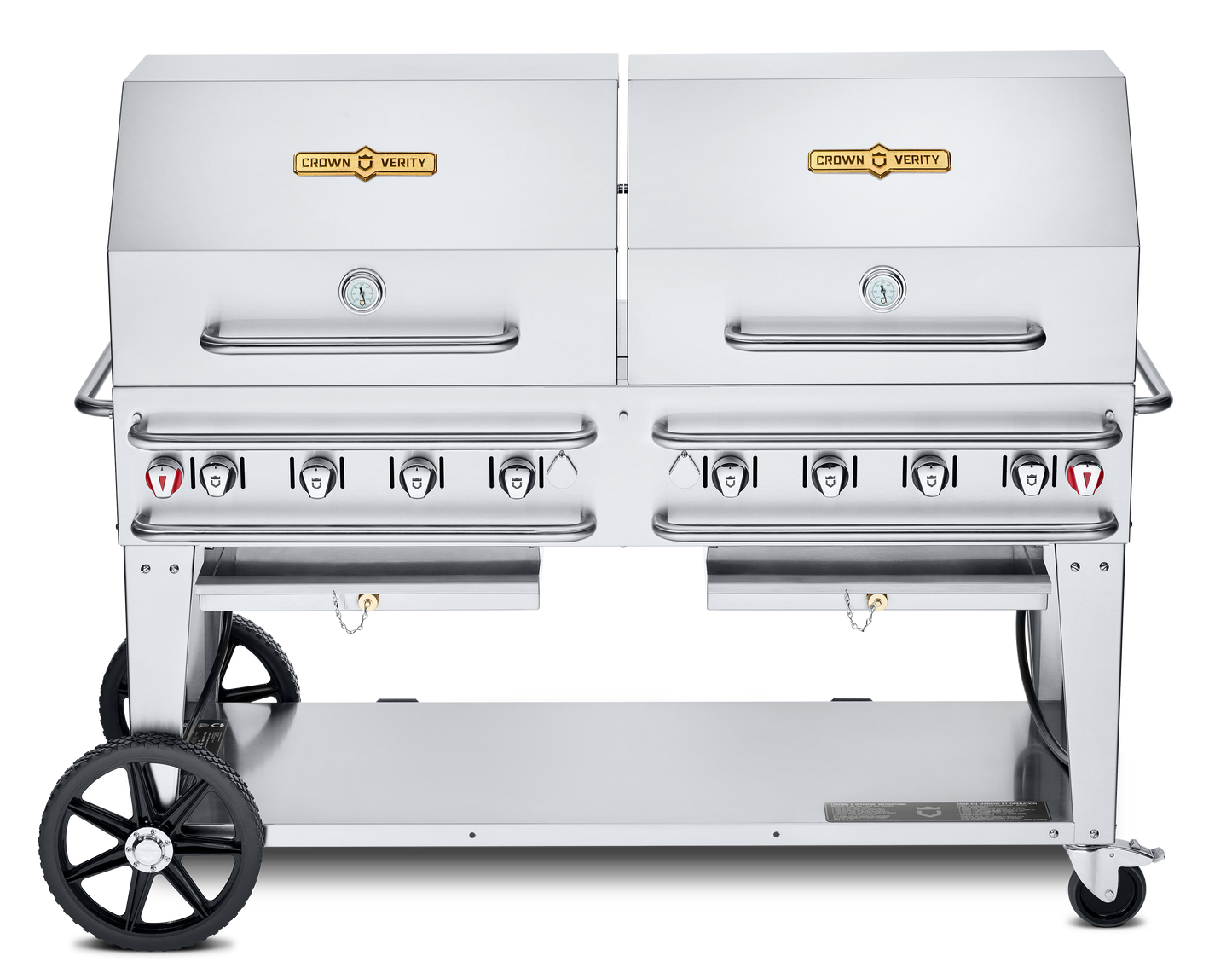 Crown Verity Pro Series Rental 60" Gas Grill with Crash Bars, Roll Dome and Bun Rack, Propane/50 & 100 lb Tanks - CV-RCB-60RDPSI50/100