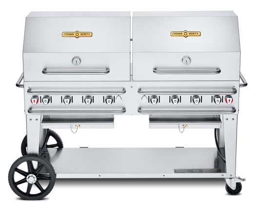 Crown Verity Pro Series Rental 60" Gas Grill with Crash Bars, Roll Dome and Bun Rack, Propane/20 & 30 lb Tanks - CV-RCB-60RDP