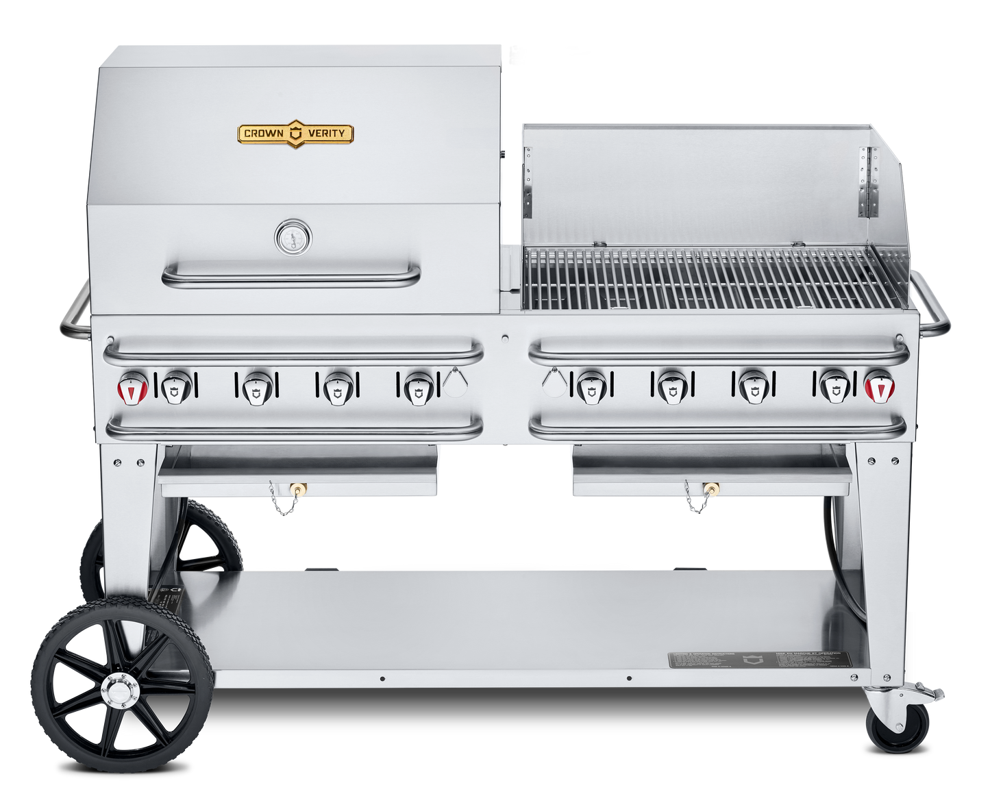 Crown Verity Pro Series Rental 60" Gas Grill with Crash Bars, 30" Roll Dome & Bun Rack, 30" Windguard, Propane/50 & 100 lb Tanks - CV-RCB-60RWPSI50/100