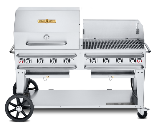Crown Verity Pro Series Rental 60" Gas Grill with Crash Bars, 30" Roll Dome & Bun Rack, 30" Windguard, Propane/20 & 30 lb Tanks - CV-RCB-60RWP