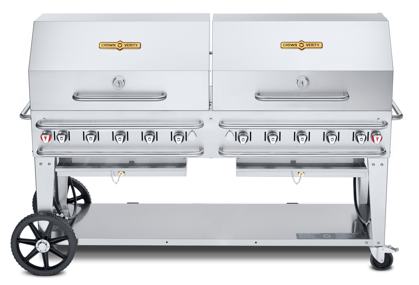 Crown Verity Pro Series Rental 72" Gas Grill with Crash Bars, 2 x 36" Roll Domes and Bun Racks, Propane/Bulk - CV-RCB-72RDP-SI-BULK
