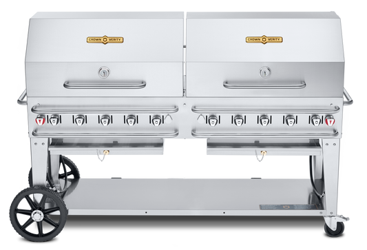 Crown Verity Pro Series Rental 72" Gas Grill with Crash Bars, 2 x 36" Roll Domes and Bun Racks, Propane/20 & 30 lb Tanks - CV-RCB-72RDP