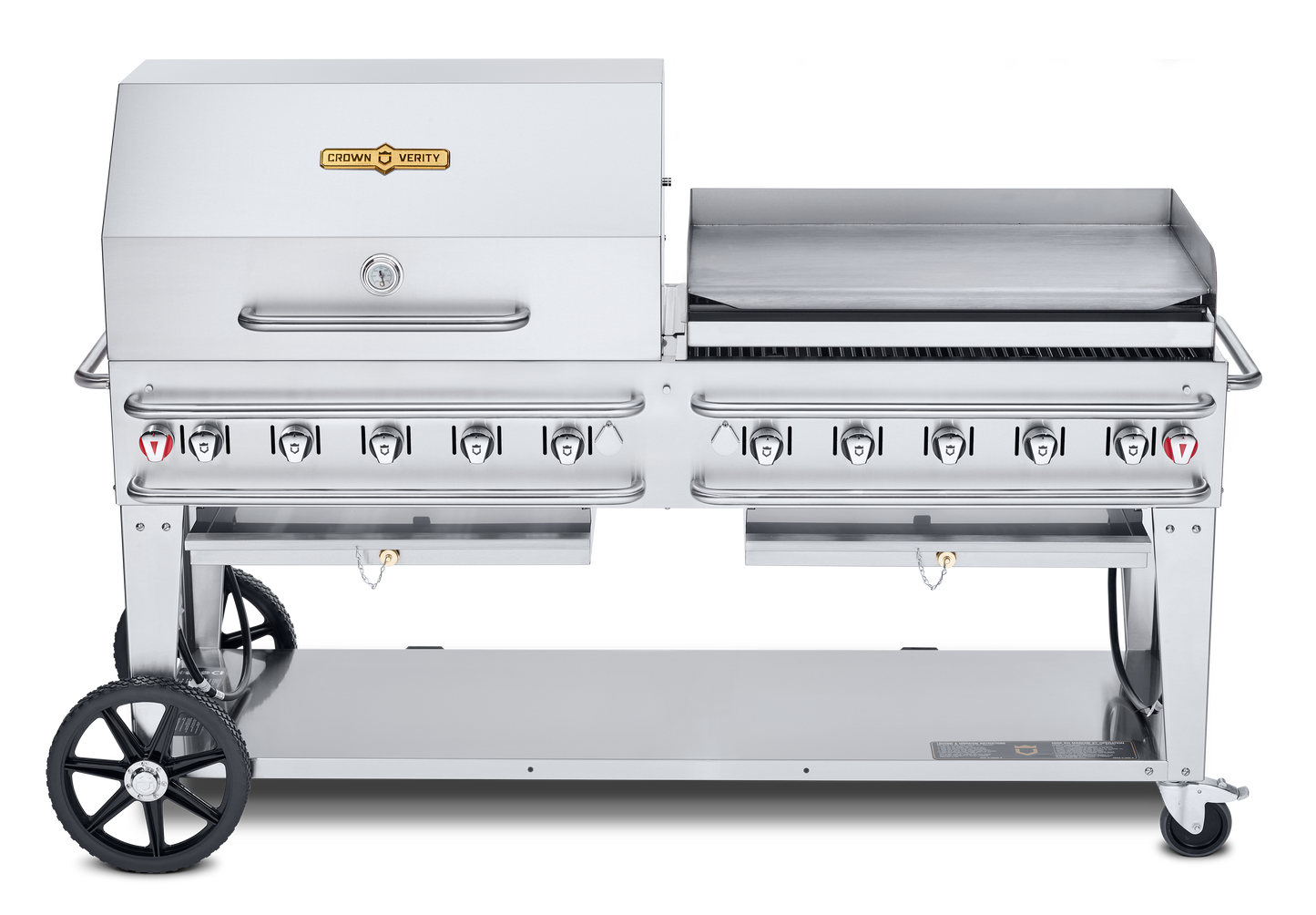 Crown Verity Pro Series Rental 72" Gas Grill with Crash Bars, 36" Roll Dome & Bun Rack, 36" Griddle, Propane/Bulk - CV-RCB-72RGP-SI-BULK