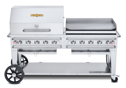 Crown Verity Pro Series Rental 72" Gas Grill with Crash Bars, 36" Roll Dome & Bun Rack, 36" Griddle, Propane/Bulk - CV-RCB-72RGP-SI-BULK