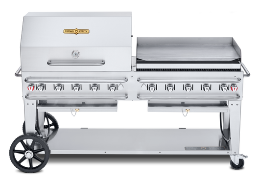Crown Verity Pro Series Rental 72" Gas Grill with Crash Bars, 36" Roll Dome & Bun Rack, 36" Griddle, Propane/Bulk - CV-RCB-72RGP-SI-BULK