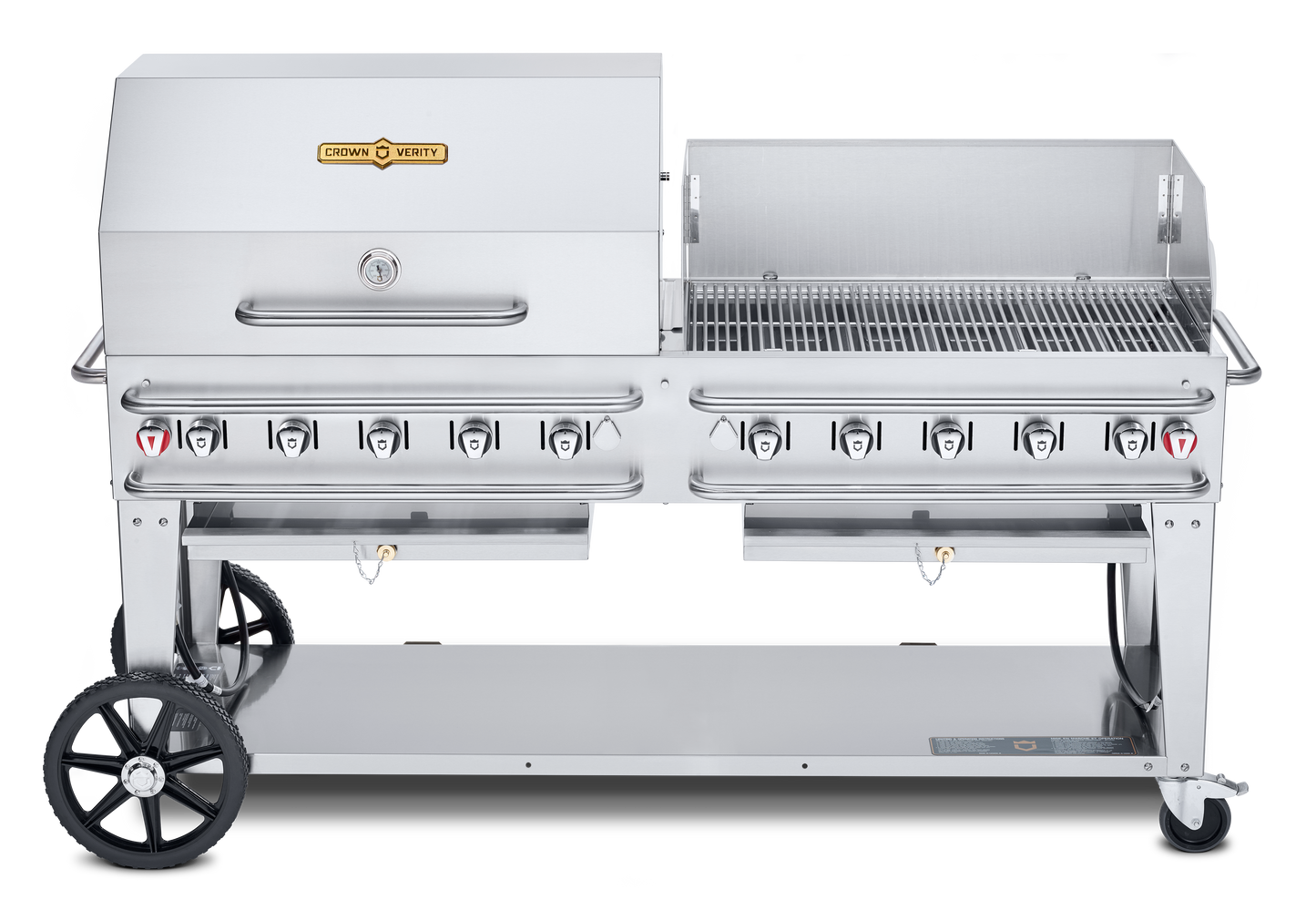 Crown Verity Pro Series Rental 72" Gas Grill with Crash Bars, 36" Roll Dome & Bun Rack, 36" Windguard, Propane/20 & 30 lb Tanks - CV-RCB-72RWP