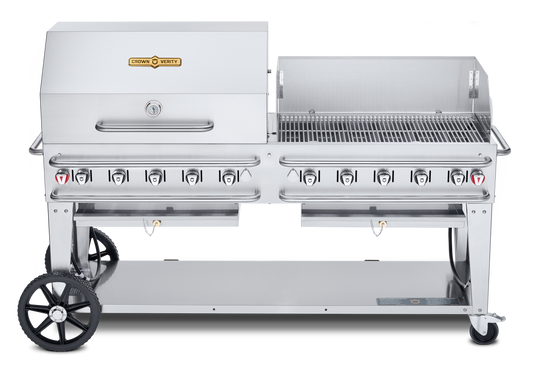 Crown Verity Pro Series Rental 72" Gas Grill with Crash Bars, 36" Roll Dome & Bun Rack, 36" Windguard, Propane/20 & 30 lb Tanks - CV-RCB-72RWP