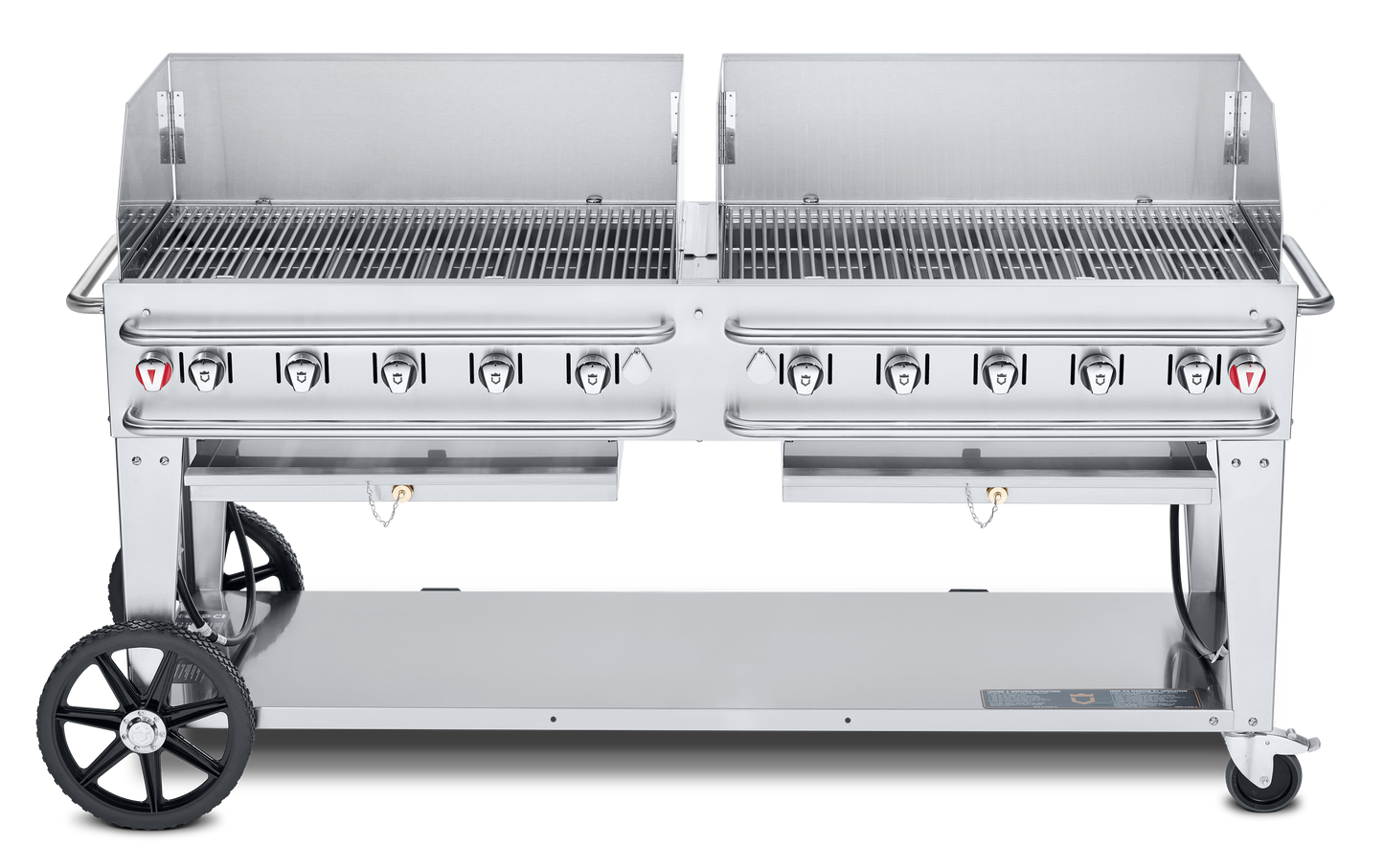 Crown Verity Pro Series Rental 72" Gas Grill with Crash Bars, 2 x 36" Windguards, Propane/50 & 100 lb Tanks - CV-RCB-72WGPSI50/100