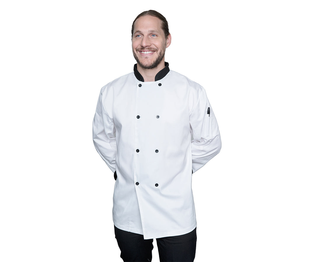 Blackwood | Black Contrast Chef Jacket, Short Sleeves, Black Buttons, Extra Small, Poly Cotton, White, FINAL SALE