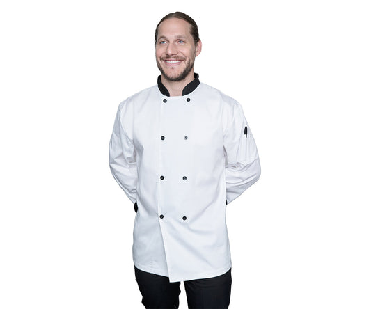 Blackwood Black Contrast Long Sleeve Chef Jacket, XLarge, Black Buttons, Poly Cotton, White, FINAL SALE - ECO-08(WHT-3XL)