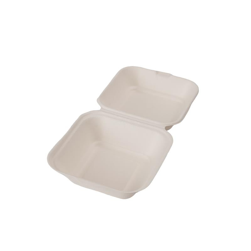 Eco-Packaging | Compostable Sugarcane Clamshell Container, 6" x 6" x 3", White (500-pack)