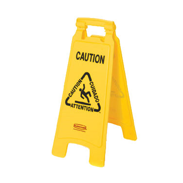 Rubbermaid | Floor Caution Sign, Multilingual, 2 Sided, Yellow - ChefEquipment.com