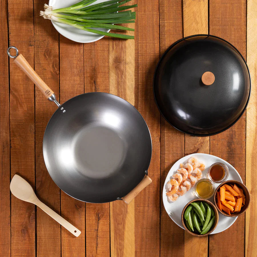 Joyce Chen | Classic Series 4 Piece Flat Bottom Wok Set, 14", Carbon Steel/Birch Handles