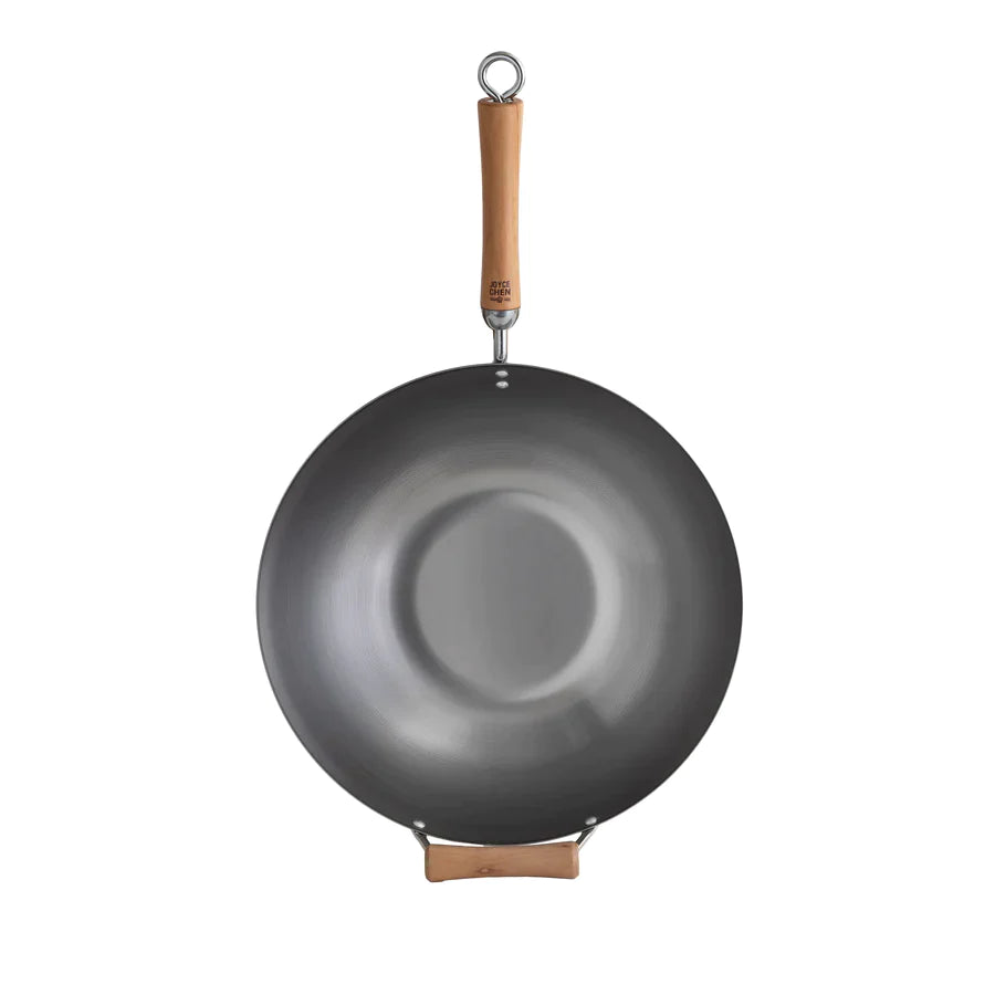 Joyce Chen | Classic Series 4 Piece Flat Bottom Wok Set, 14", Carbon Steel/Birch Handles