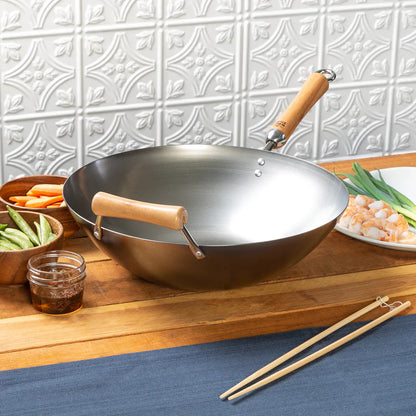 Joyce Chen | Classic Series Flat Bottom Wok, 14", Carbon Steel/Birch Handles