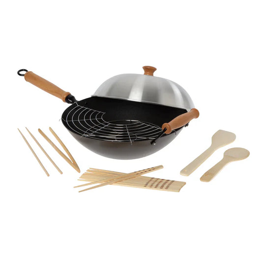 Joyce Chen | Professional Series 10 Piece Nonstick Flat Bottom Wok Set, 14", Carbon Steel/Maple