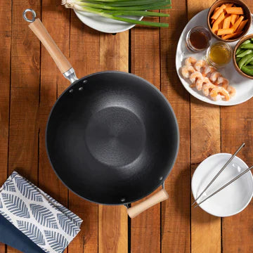 Joyce Chen | Professional Series Flat Bottom Wok, 14", Cast Iron/Maple