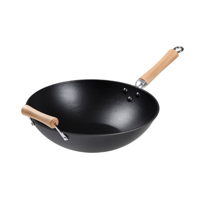 Joyce Chen | Professional Series Flat Bottom Wok, 14", Cast Iron/Maple