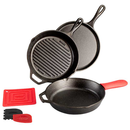 Lodge | 6 Piece Cast Iron Cookware Set with Skillet, Grill and Griddle Pans