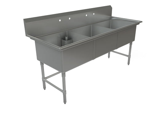 Tarrison | Triple Compartment Corner Drain Sink, 18" x 15" x 13" Bowl Size, Stainless Steel