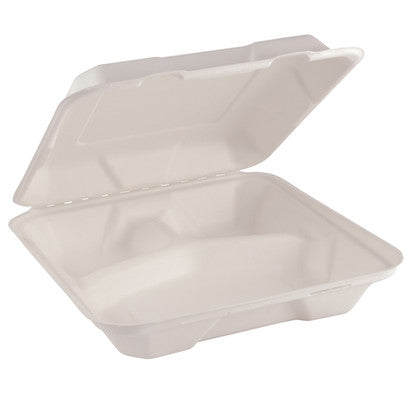 Eco Guardian | Compostable 3 Compartment Clamshell, 8" x 8" x 3", Sugarcane (200-pack)