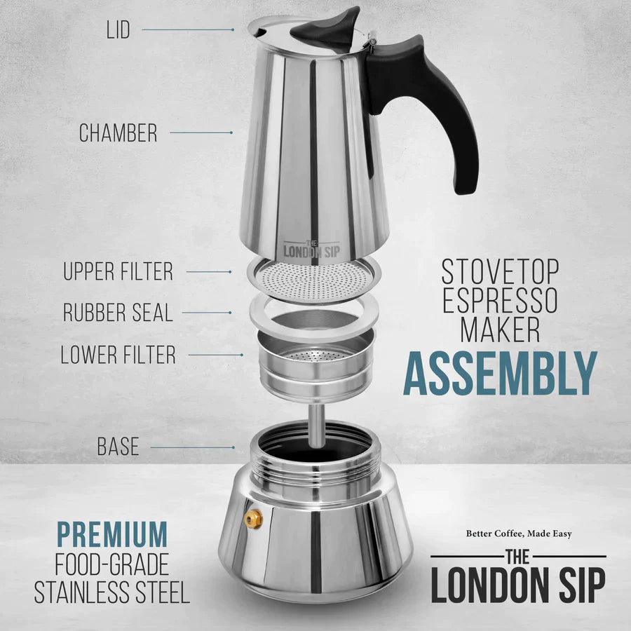 London Sip Stovetop Espresso Coffee Maker, 6 cup, Silver - EM6S