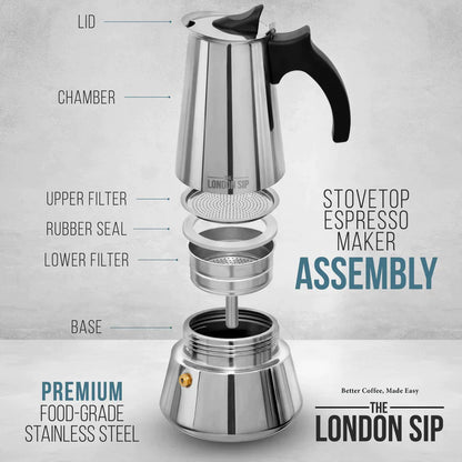 London Sip Stovetop Espresso Coffee Maker, 6 cup, Black - EM6B